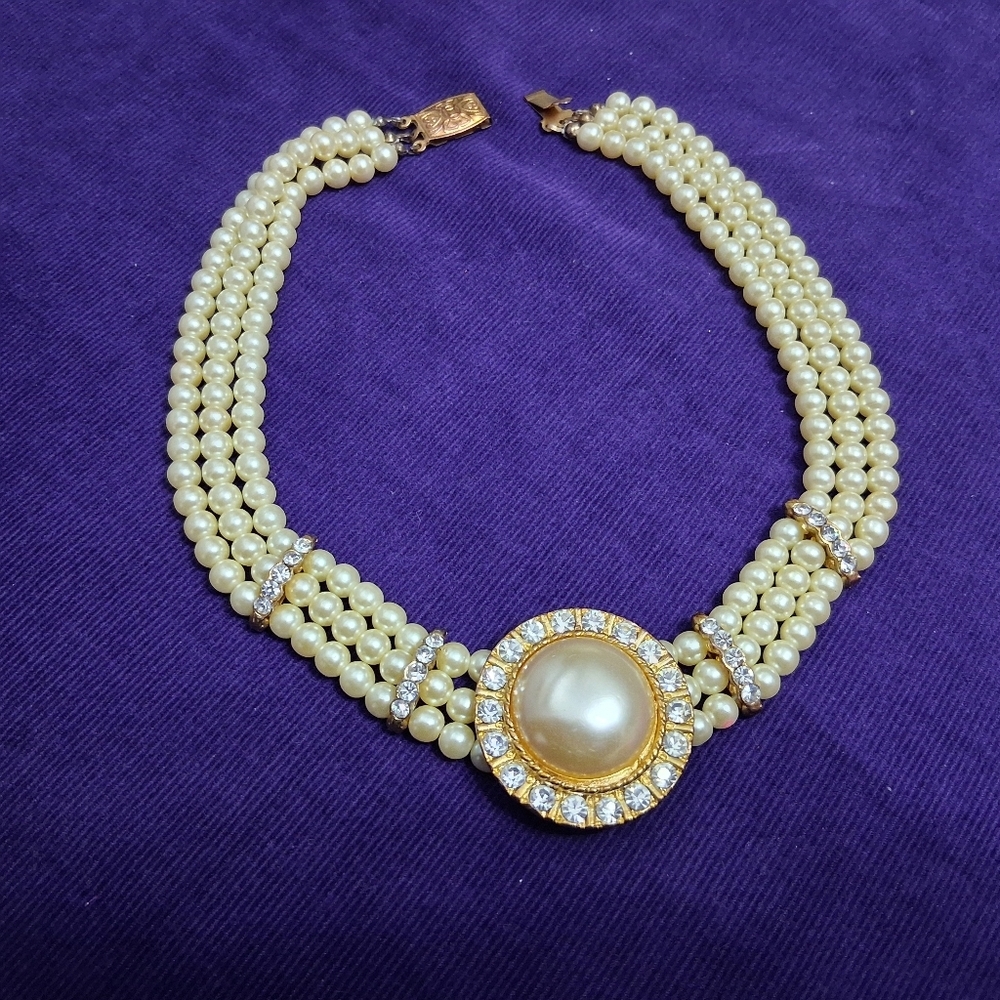 Vintage Triple Strand Draped Rhinestone Faux Pearl Necklace